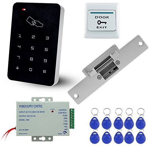 LIBO RFID-Zutrittskontrollsystem mit elektrischer Verriegelung Typ NC, Stromversorgung DC 12 V/3 A, Knopf zum Ausgang der Tür, Schlüsseletiketten mit 10 RFID-Etiketten