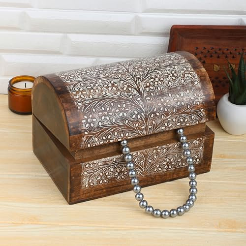Ajuny Handgefertigte Dekorative Holz Schmuckschatulle mit Blumenmuster Mehrzweck Schatztruhe Aufbewahrungs Organisator Schmuckstück Andenken Ohrringe Halsketten Uhrenbox, Tolle Geschenke – 9x6 Zoll