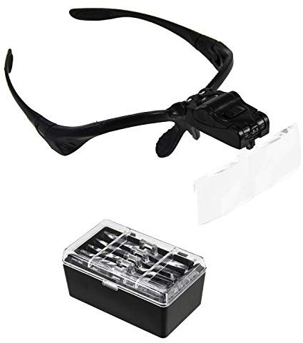 SAFE 9834 Lupenbrille mit Licht | mit 2 LED-Leuchten und 5 Lupenaufstecker 1,0X / 1,5X / 2X / 2,5X / 3,5X | für Hobby und Beruf