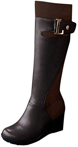 Stivali Scarpe Donna Stivali a Tubo Alto Zeppa Fibbia per Cintura Cerniera Laterale Cavaliere (35,Marrone)