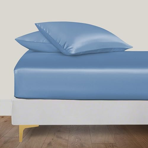 LINENWALAS Double Fitted Sheet 140x190 cm, 100% Organic Bamboo Silk Bed Sheet for Double Size Bed, Up to 40 cm Deep Pocket Bottom Sheet, Soft, Cooling Hypoallergenic Bedding (Bahamas Blue)