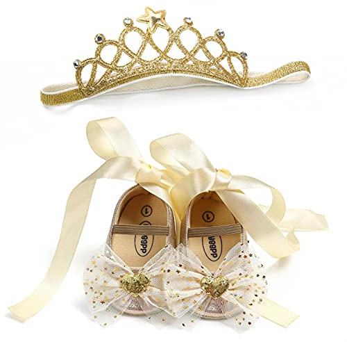Longra Kleinkind Schuhe+ Stirnband, Baby Mädchen Blumen Schuh Anti-Rutsch-Weiche Besondere Anlässe Taufe Hochzeit Party Schuhe Baby Mädchen Prinzessin Bowknot rutschfest Weiche Sohle Taufschuhe