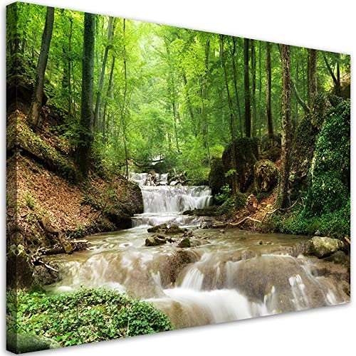 Feeby Impression sur Toile Intissee Blocs rocheux Arbres Forêt Nature 60x40 cm Tableau Moderne Tableau Photo Chambre à Coucher Cascade Chute d'eau Plantes Ruisseau vert