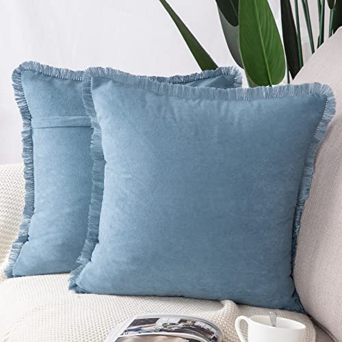 Madizz 2er Set Kissenbezügen aus Wildleder mit Fransenquasten Weiche dekorative Kissenbezüge für Sofa Schlafzimmer Kissenhülle Hellblau 45x45 cm Quadrat