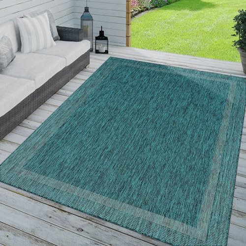 TT Home In-& Outdoorteppich Wetterfest Terrasse Küche Modern Mit Umrandung Unifarben, Farbe: Türkis Blau, Größe:80x150 cm