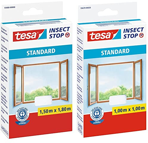 tesa Insect Stop Standard Fliegengitter für Fenster & Insect Stop Standard Fliegengitter für Fenster - Insektenschutz zuschneidbar - Mückenschutz ohne Bohren - 1 x Fliegen Netz weiß - 100 cm x 100 cm