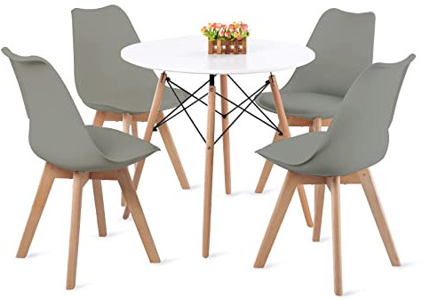 FURNITABLE Set aus Runder Esszimmertisch mit 4 Grauer Stühlen, Esszimmergruppe für Esszimmer Küche Wohnzimmer