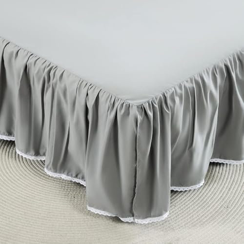 Bettrock mit Rüschen und geteilten Ecken, eleganter Mikrofaserstoff, 35,6 cm Länge, Plattform, Wickeln, geraffte Bettwäsche, Bettrock (Grau, Queen-Size-Bett (152,4 x 203,2 cm)