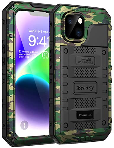 Beeasy für iPhone 14 Wasserdicht Outdoor Hülle (6,1), Stoßfest Panzerhülle Militär 360 Grad Schutzhülle mit Displayschutz, Robust Metall Heavy Duty Handyhülle iPhone 14 Case, Camouflage