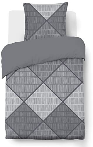 Vision - Parure de lit Harold - 100% Coton - Gris - Set de Housse de Couette 140x200 cm avec 1 taie d'oreiller pour lit 1 Personne - Fibres Naturelles - Oekotex