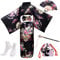 PLULON 5 Pcs Robe Japonaise Geisha Yukata Robe Blossom Satin Peignoir avec Sac à Cordon Main Ventilateur Épingle à Cheveux Tabi Chaussettes Ensemble pour Femme
