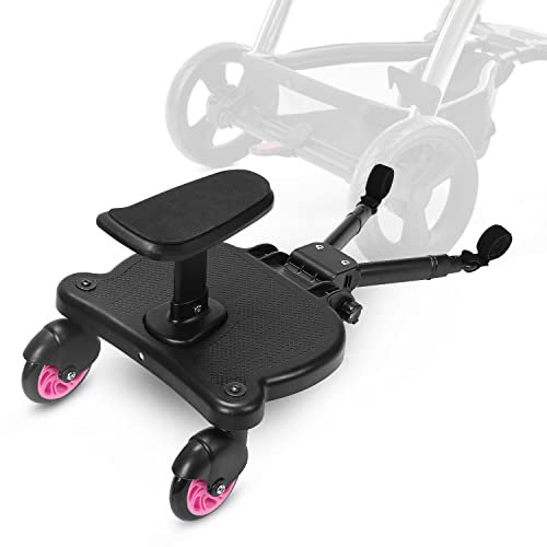 Gimisgu Buggy Board mit Sitz, Mitfahrbrett Trittbrett, Universal Stehbrett, 360°Zweirad Design, Kinderwagen Zubehör, mit Kinderwagensitz, passend für jeden Kinderwagen erhältlich(Rosa)