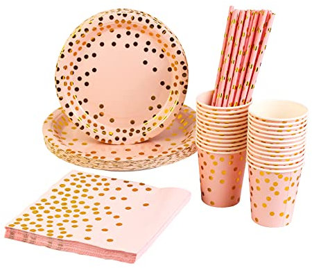 DHAIQC 125 Pezzi Stoviglie per Feste, Oro Rosa Piatti Carta Compleanno Set Include Piatti di Carta Bicchieri Tovagliolo Cannuccia per Varie Feste di Compleanno e Matrimonio (25 Ospiti)