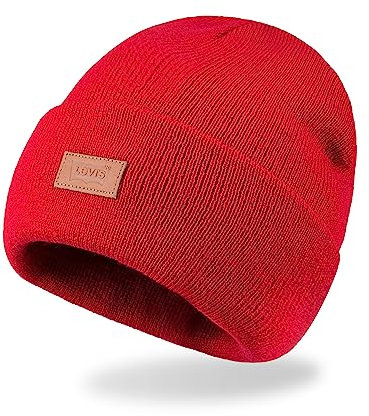 Levi's Uni-Erwachsene All Season Comfy Leather Logo Patch Cuffed Hero Beanie-Mütze, Rot/Ausflug, einfarbig (Getaway Solids), Einheitsgre