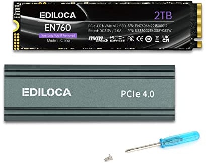Ediloca EN760 Interne SSD mit Kühlkörper 2 TB PCIe Gen4, NVMe M.2 2280, bis zu 4800 MB/s, 3D NAND TLC, Internes Solid State Drive, dynamischer SLC-Cache, kompatibel mit PS5 und PC