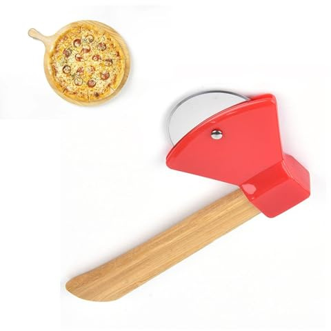 Round Axe Pizza Cutter Wheel, Stainless Steel Blade with Ergonomic Wooden PP Handle, Pizza Slicer Rolling Cutter for Home & Restaurant Use, Red