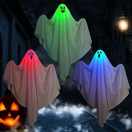 TOPJOWGA 3 Stück Halloween Hängende Geister, Hängender Leuchtende Geist, Halloween Deko Hängender Geist leuchten im Dunkeln, Halloween Hängend Deko Fliegendes Geist Party Dekoration