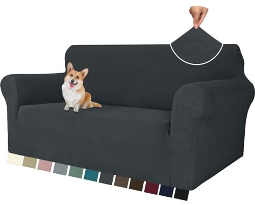YSTELLAA Stretch Sofa Überzug 2 Sitzer, Sofaschoner rutschfest Mit Armlehne, Dicke Sofabezug Für Hunde Katzen Und Haustiere, Universal Jacquard Sofabezug, Waschbare Sofa Cover, Dunkelgrau
