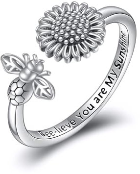 Sonnenblume Ringe Sterling Silber Vintage Einstellbare Tier Sonnenblume Ring Schmuck Geschenke für Damen Mädchen (Biene)