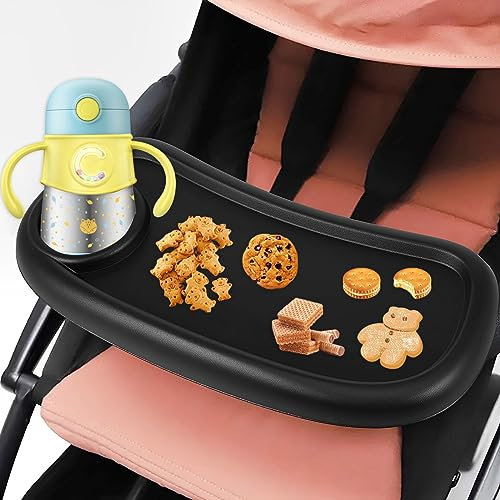 Stroller Snack Tray with Cup Holder Universal Stroller Food Tray Removable Baby Stroller Snack Tray with Adjustable Buckle and 2 Hooks Reusable Stroller Snacks Holder for Strollers
