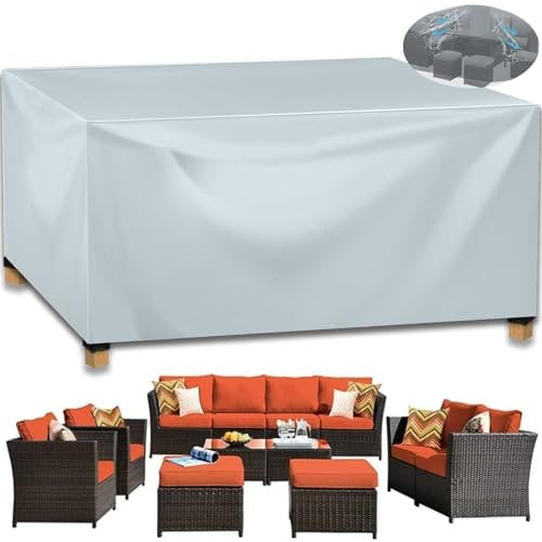 Large Garden Furniture Cover, Garden Table Cover 420D Heavy Duty Oxford Outdoor Patio Rectangular Cover Windproof, Waterproof&Anti-UV for Chair and Table Rattan Sofa Cover, Grey (220x210x90cm)
