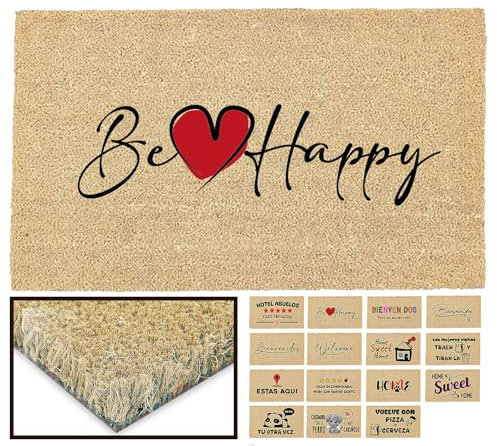 LucaHome - Felpudo Entrada casa Original y Divertido de Coco Natural - Felpudo be Happy 33x60 - Ideal para Puertas de Exteriores Cubiertas, pasillos y entradas de hogares