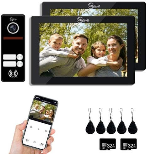 Verdrahtete Videosprechanlage für Wohnungen, 2-Familien-Türklingel, 7-Zoll-Touchscreen-Display, Entriegelungsunterstützung, Zwei-Wege-Sprechanlage, Bewegungserkennung (schwarze)