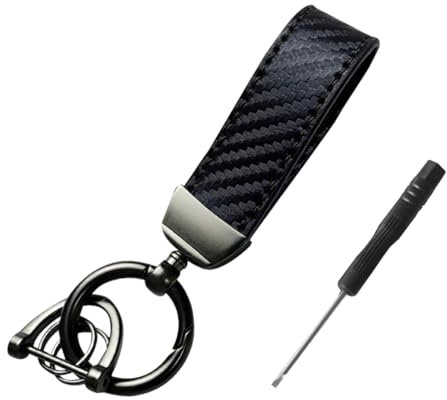 JNNJ Mikrofaser-Leder-Auto-Schlüsselanhänger, Auto Premium Kohlefaser Schlüsselanhänger D Ring(Schwarzes Metall + Schwarzes Leder mit Schwarzer Verzierung)