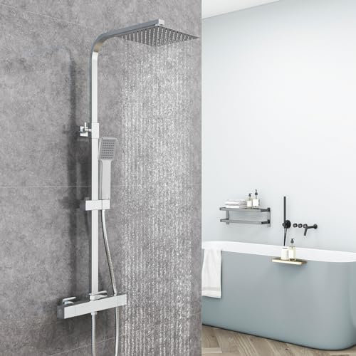 AICA Colonna Doccia con Miscelatore Termostatico, Rubinetto Doccia 283x40mm, Soffione Doccia Quadrato in Acciaio Inox 20x20cm, Altezza Regolabile 730-1150mm, Set Doccia Completo Cromo