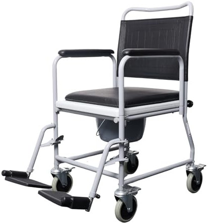 Millercare Portable Wheeled Commode Chair - Comfortable Padded Seat & Back - Locking Brakes, Detachable Arms & Footrests, Removable Bucket - Ideal for Elderly & Disabled | Grey