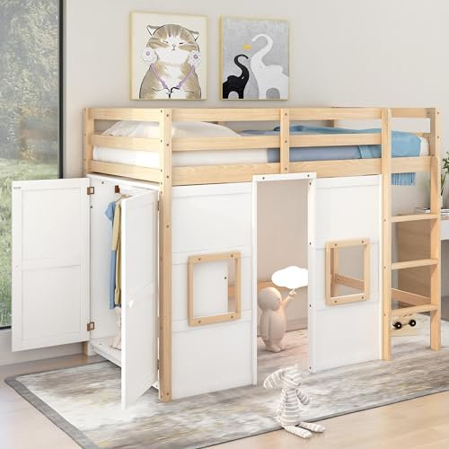 Twin Size Loft Bed with Built-in Storage Wardrobe and 2 Windows, Solid Wood Loft Bed Frame with Safety Guardrail, Playhouse Design Loft Bed for Kids Boys Girls (Natural+White-S21) (Natural+White s21)