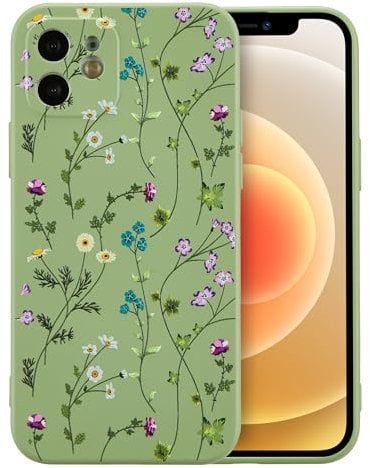 RALEAVO Flower Case for iPhone 12, Liquid Silicone Shockproof Protection Case Cover for Girls Women with Aesthetic Cute Floral Patterns Soft Slim Phone Case for iPhone 12 6.1-Green