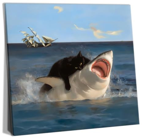 Yaneiro Gerahmte schwarze Katze, Badezimmer, Wandkunst, lustige, witzige Katze und Hai, Leinwanddruck, abstrakte schwarze Katze, Hai, Poster, Wanddekoration für Zimmer, Schlafzimmer, Wohnzimmer
