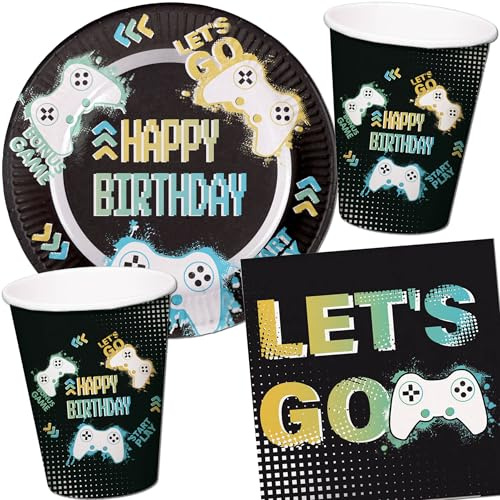 Carpeta 37-TLG Party-Set * Level-UP * für 8 Gäste mit Teller + Becher + Servietten + Luftballons | Gaming Computerspiel Videospiel Zocken Kindergeburtstag Kinder Geburtstag Deko Mottoparty