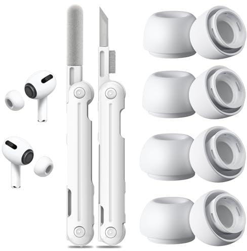 4 Pairs Replacement Ear Tips for Airpods Pro 1/2 with Hole for Noise Reduction, Silicone Earplugs for Airpods Pro with Cleaning Set & Portable Storage Box, 4 Sizes (XS/S/M/L) White