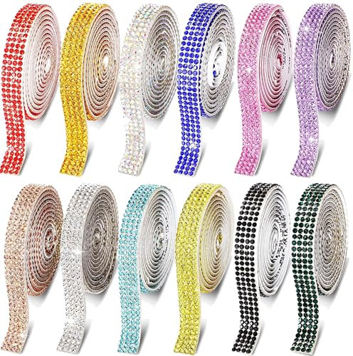 QSLKI 12 Rolls Ruban Strass Autocollant, Ruban De Strass Cristal Auto-Adhésif, Brillantes De Diamant, Rouleaux Autocollants Art Scintillants Pour Bricolage Voiture Art Artisanat Mariage (Style 1)