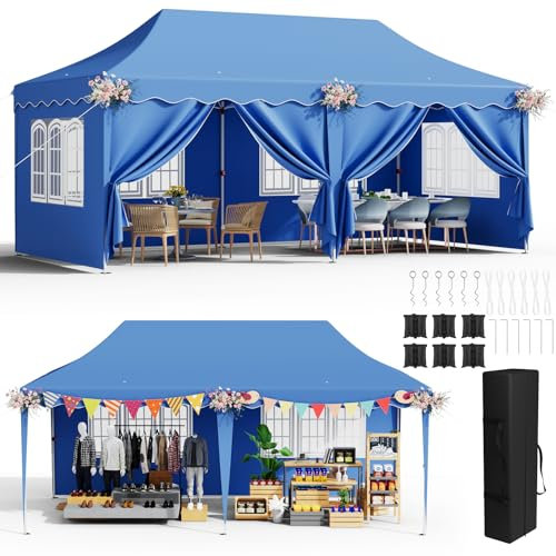 Pavillon 3x6 mit 6 Seitenwänden, Faltpavillon 3x6 Wasserdicht Stabil Winterfest, Faltbar Partyzelt 3 x 6, Anti-UV 50+ Gartenpavillon, 6 PCS Sandsack 12 Erdhaken, für Markt, Hochzeiten, Patio, Blau