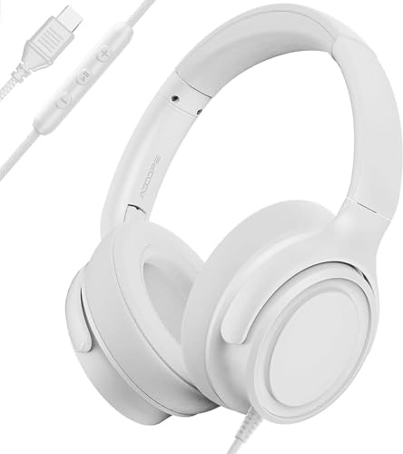ADOOPE Trådbundna over-ear-hörlurar med USB C-kontakt, Hi-Fi-stereoljud, bullerisolerande öronkoppar, bekväm passform för USB C-enheter (ingen väska, vit)