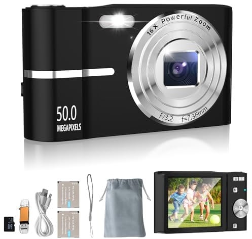 Digital Camera, 4K Pocket Camera with 32GB Sd Card, 16x Digital Zoom & Auto-focus, Portable Travel C-amera with 2 Batteries, Compact Small C-amera for Kids Boys Girls (Black)