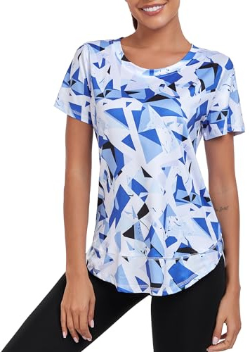 Deaviya Women's Sports T-Shirt Gym Tops, Short Sleeve Workout Casual Running Tops, Ladies Gym Yoga Sports Top, Crew Neck Fitness T-Shirts for Women, Loose Side Split Tee,Print Blue XXL