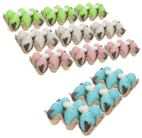 com-four® 96x Ostereier im Eierkarton - Osterdekoration im Wachteleier-Design in 4 Farben - Tischdekoration - fest fixierte Deko-Eier im Karton mit Federn (Eier im Karton - 96 Stück)
