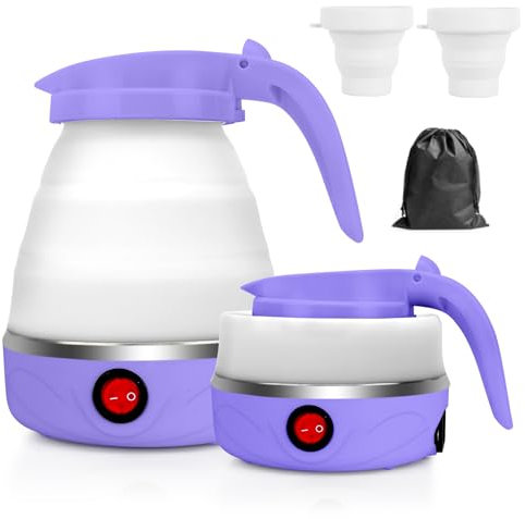 RANJIMA Hervidor de Agua Eléctrico Plegable 0,6 Litros Mini Hervidor Eléctrico de Silicona, Hervidor Portátil de Camping Kettle Mini Hervidor de Viaje con 2 Vasos Plegables para Camping Viaje Exterior