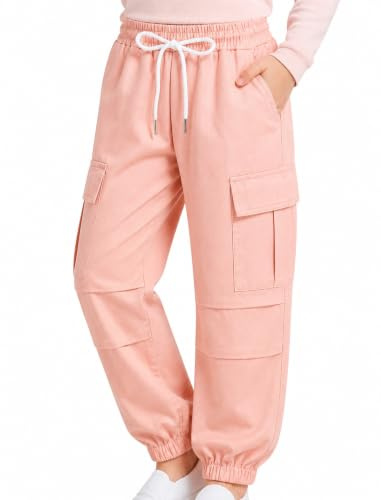 JiAmy Girls Cargo Trousers Drawstring Elastic Waist Kids Casual Baggy with Multi Pockets Trouser Dance Y2k Hip-hop Pants for 9-10 Years, Pink