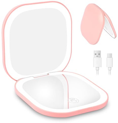 HOTUT Rechargable Miroir de Voyage Grossissant, 3X/1X Miroir Maquillage Grossissant Lumineux, avec 3 Couleurs Eclairage, Double Face, pour un Maquillage Précis, Rose