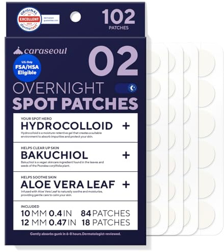 caraseoul Overnight Pimple Patches (102 Count) | Thicker & Extra Adhesion, 2 Size Hydrocolloid Acne Patch for Zits and Blemishes, Bakuchiol & Aloe Vera, Korean Skin Care