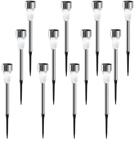 Aigostar Solarleuchten Garten 12 Stücke aus Edelstahl Solarlampen Garten 6500K IP44 Wasserdicht LED Gartenleuchte Solar für Terrasse, Rasen, Hof, Wege, 4.5 * 4.5 * 29.7cm