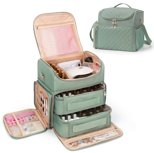 Nagelkoffer mit Extra Großer Kapazität – Nagellack Koffer für 86 bis 100+ Flaschen & Nagellampe, Doppelschichtdesign Nageldesign Koffer mit 2 Aufbewahrungstasche (Grün, 86 Flaschen)
