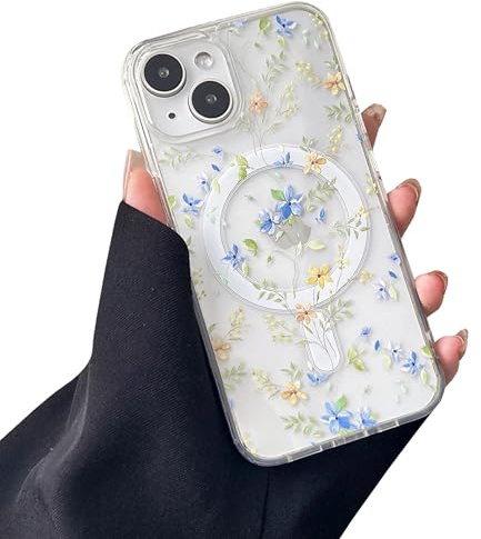 ZTOFERA kompatibel mit MagSafe,für iPhone 13/14 Hülle Blumen,Blaue Blume | Transparente, Weicher TPU-Rahmen,stoßfest und schützend,leicht abnehmbar