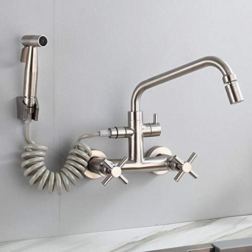Küchenarmatur zur Wandmontage, 304 Edelstahl, ausziehbarer Sprühkopf, Doppelgriff, Warmwasserspüle, Doppelwaschbecken, ideal für moderne Küchen