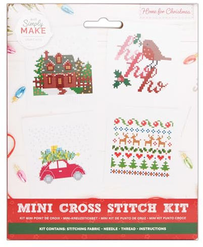 Simply Make Cross Stitch Kit Home for Christmas 4 Pack, Hoop Embroidery, Thread, Fabric & Needle, Perfect for Beginners, Starter Cross Stitch Craft Kit, Great Gift, Craft Hobbyists, Festive Home Décor
